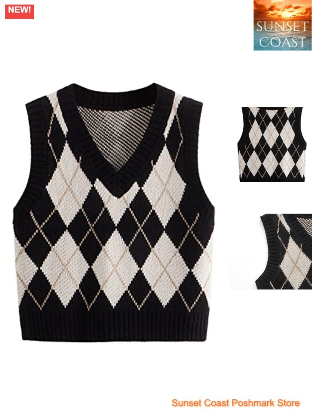 Sleeveless V Neck Knit Crop Sweater Vest Geo Argyle Pullover